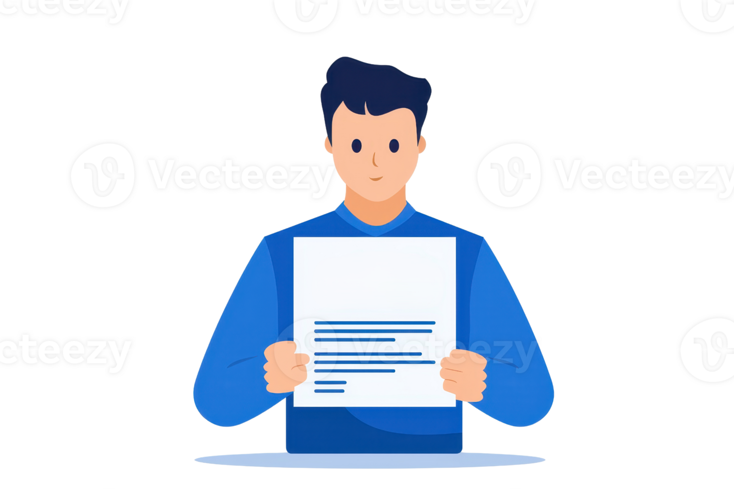 A person holding a document with written content, displaying a neutral expression and wearing a blue shirt. png