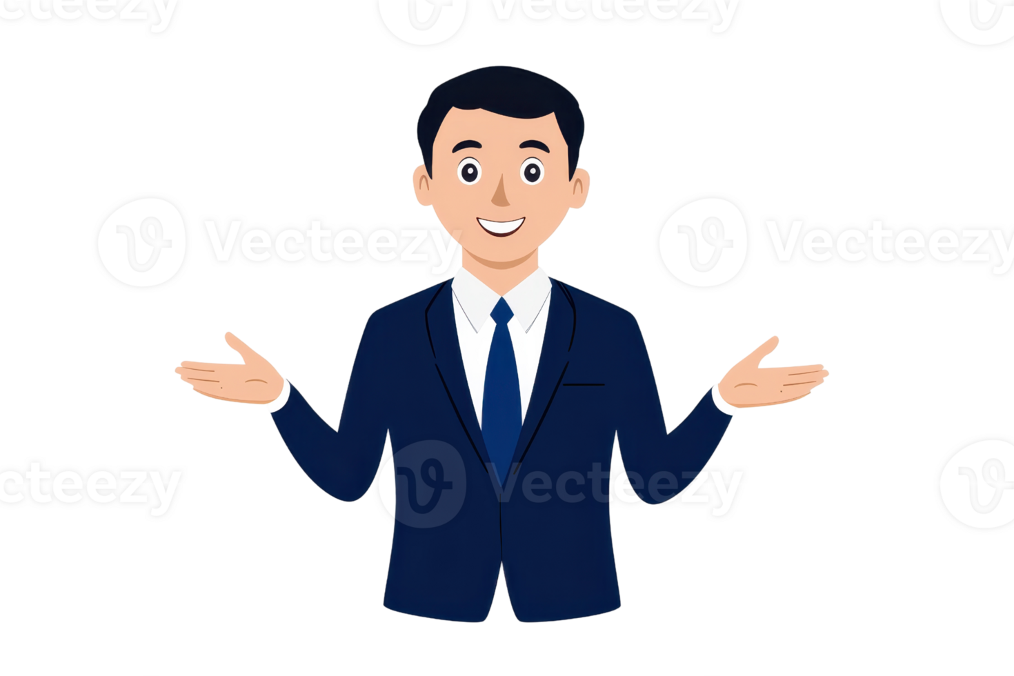 A smiling man in a suit with outstretched arms, conveying openness and engagement. png