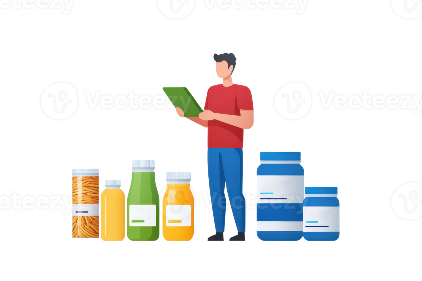 A person holding a tablet stands beside various bottles and containers, suggesting a focus on health products or nutritional supplements. png