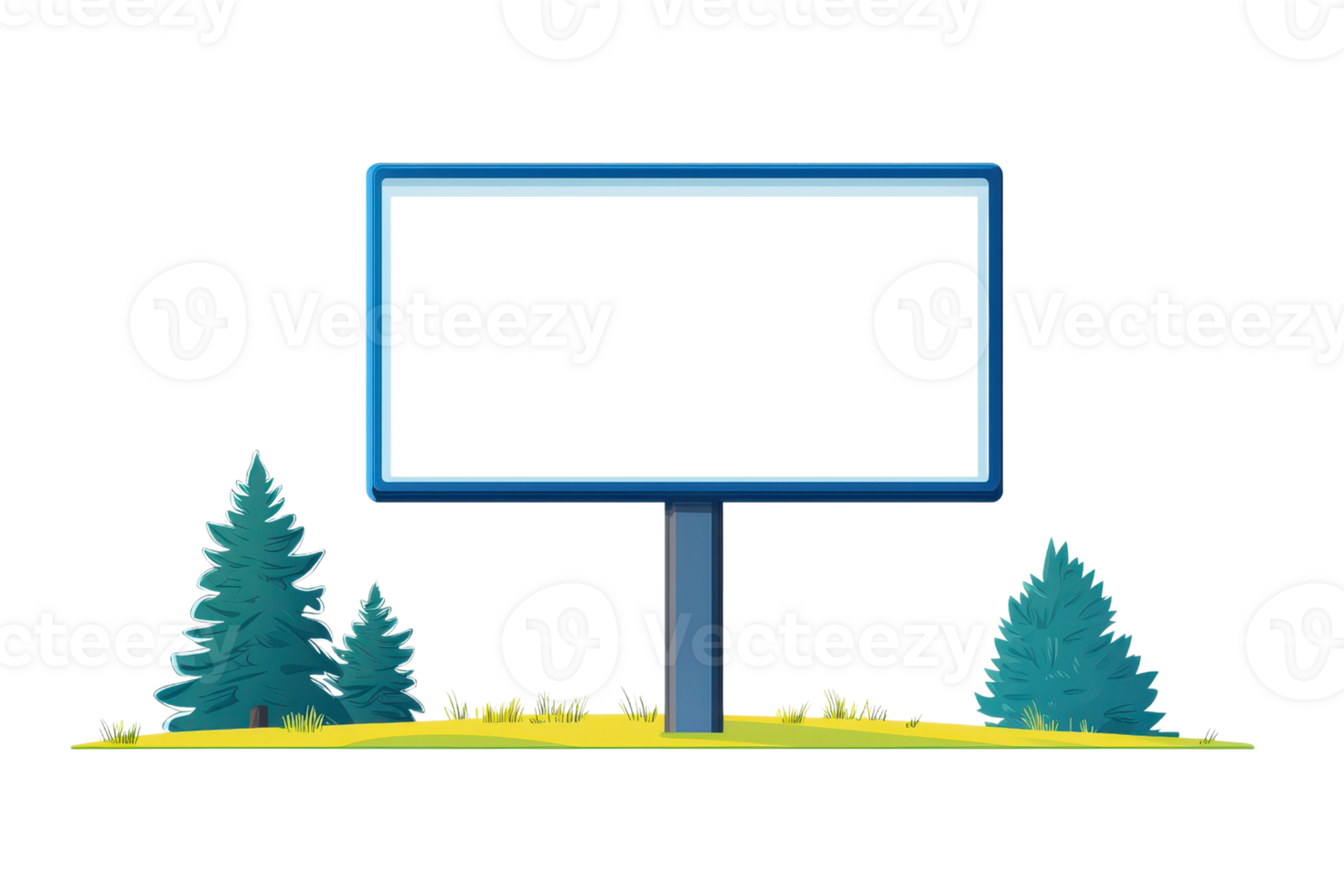 A signpost with a blank billboard is surrounded by stylized evergreen trees and grass. png