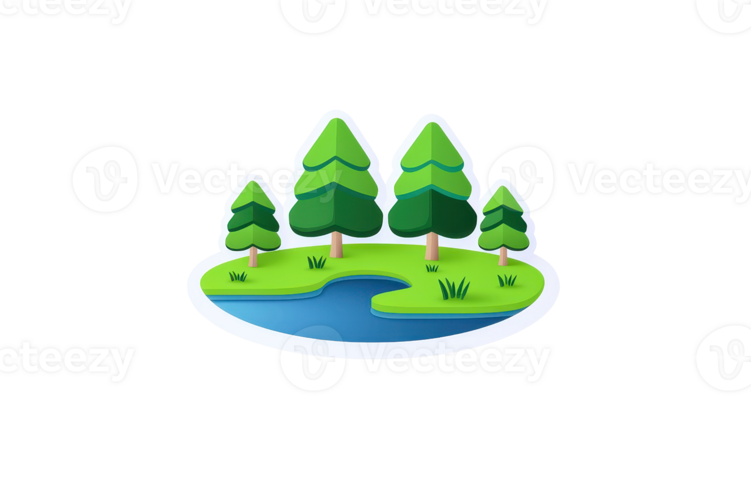A stylized representation of trees and a small body of water surrounded by grass in a vibrant green landscape. png