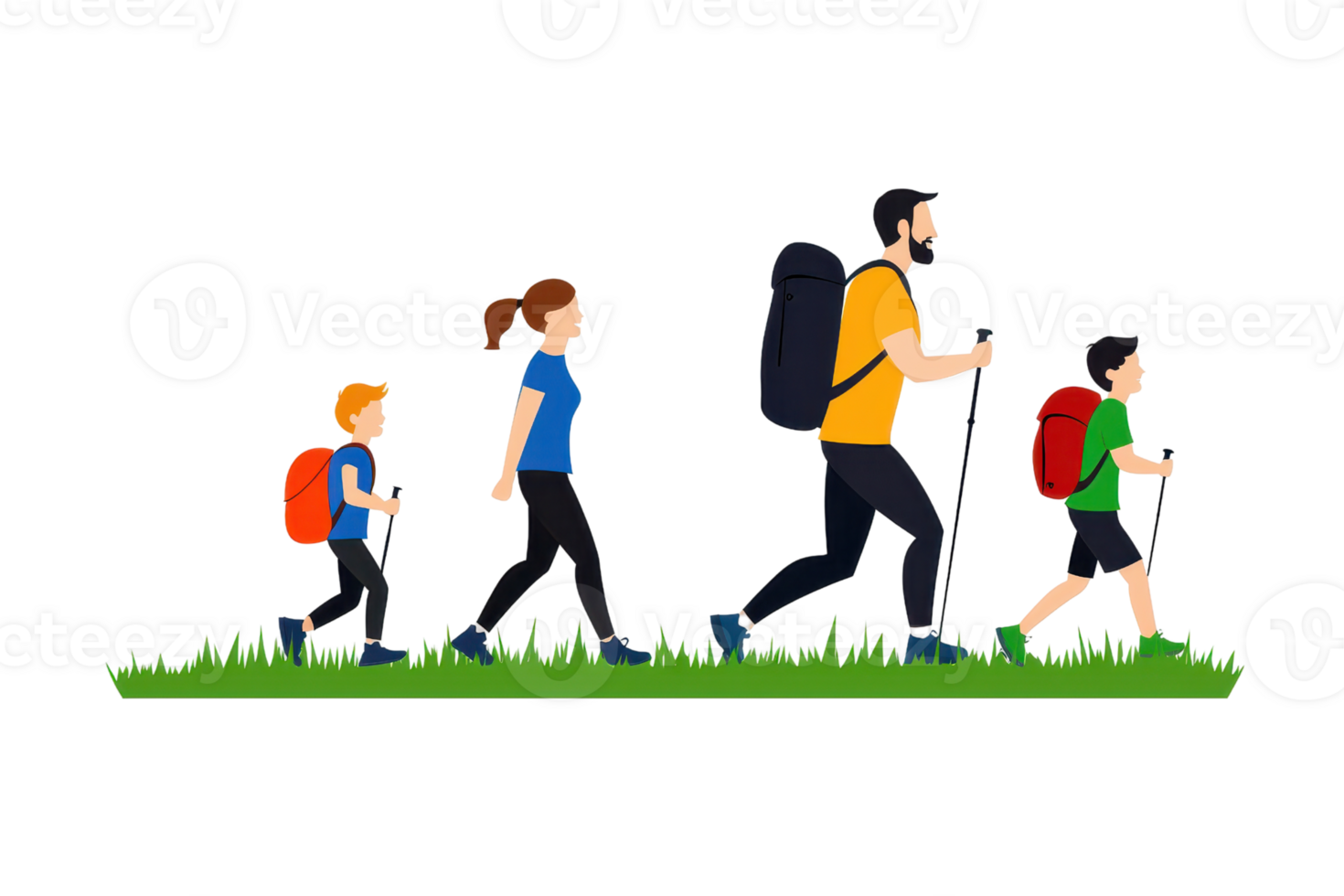 A family of four is hiking together, showcasing a joyful outdoor adventure. png