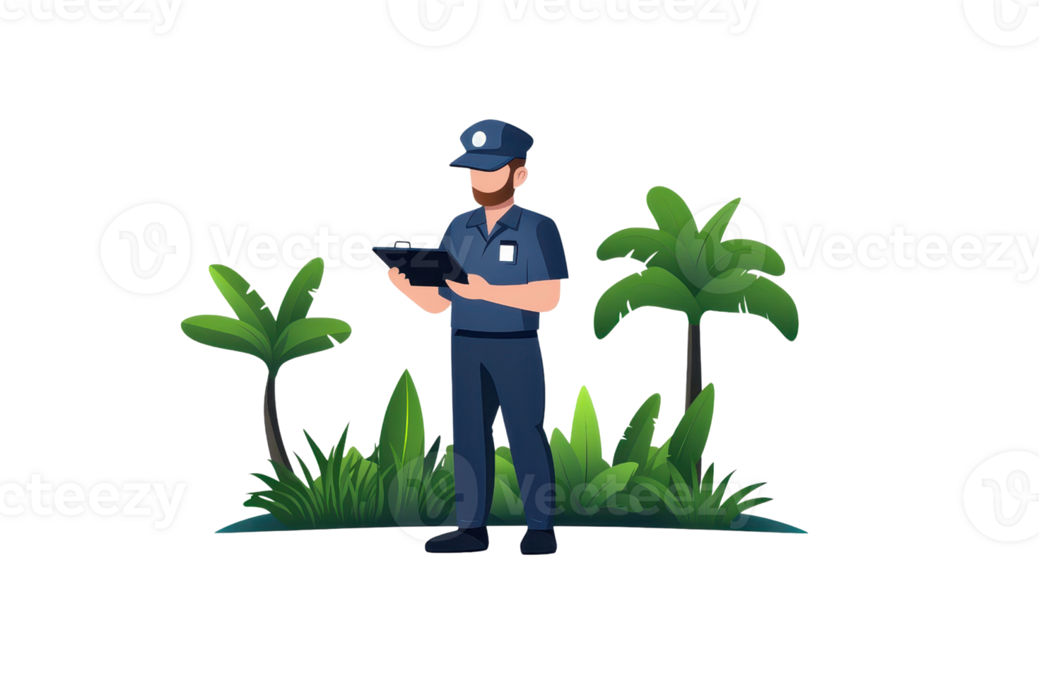 A cartoon police officer stands in a lush green environment, holding a tablet and wearing a uniform, exuding a sense of authority and readiness. png