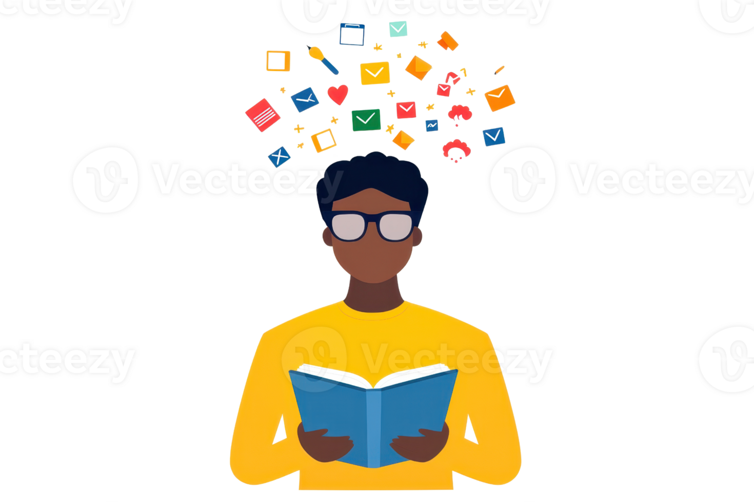 A person with glasses reads a book while various colorful icons representing knowledge and communication float above their head. png