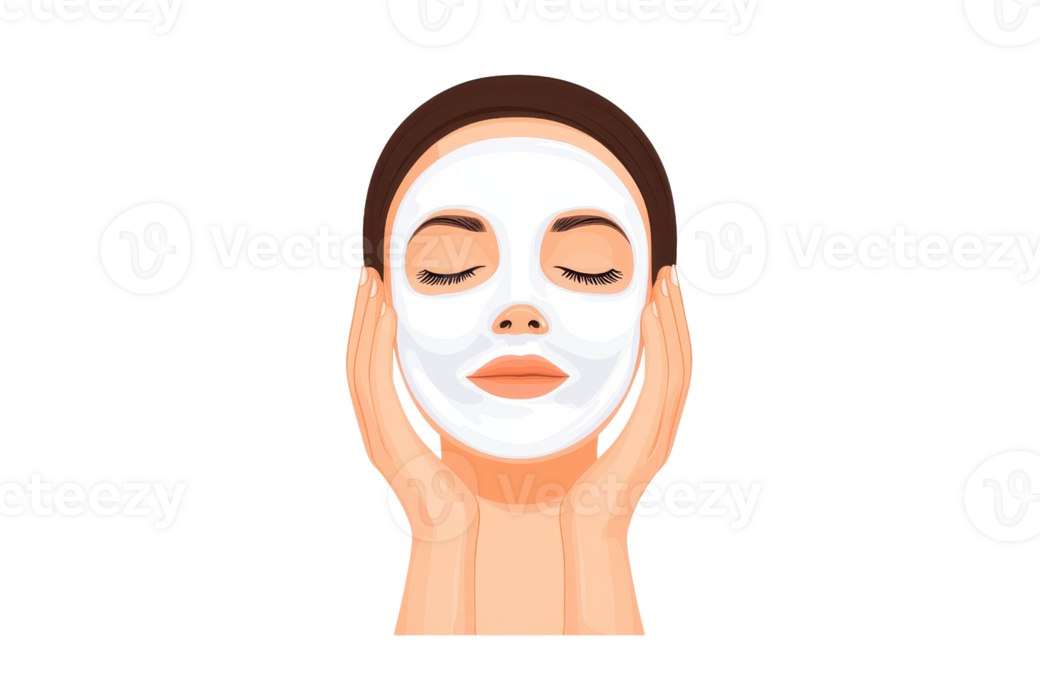 A woman applying a facial mask with her hands, relaxing with closed eyes, showcasing a skincare routine. png