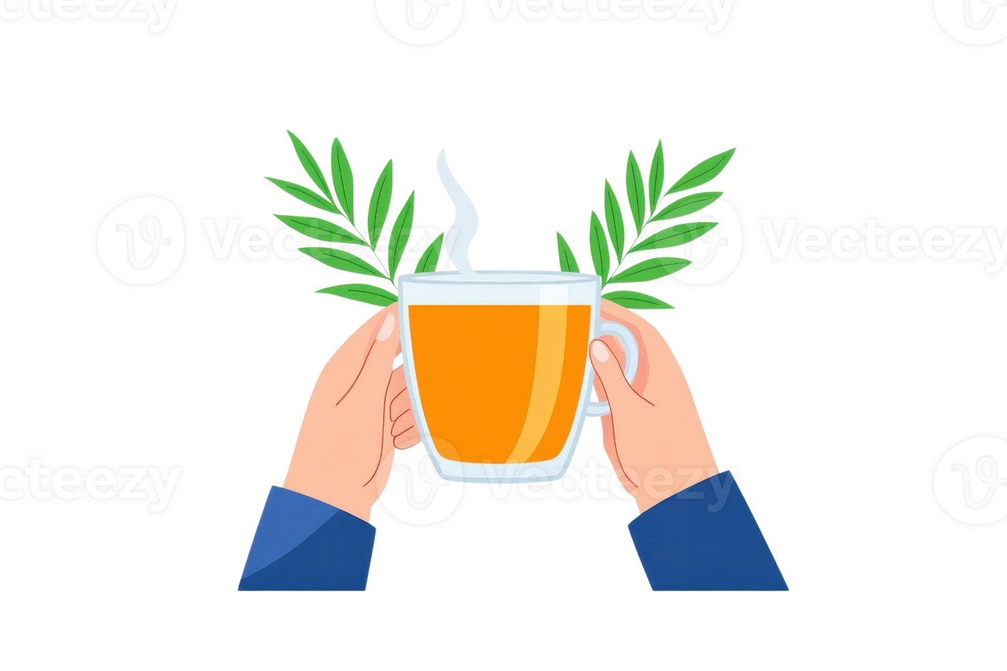 A pair of hands holds a steaming cup of tea, surrounded by green leaves, symbolizing warmth and nature. png