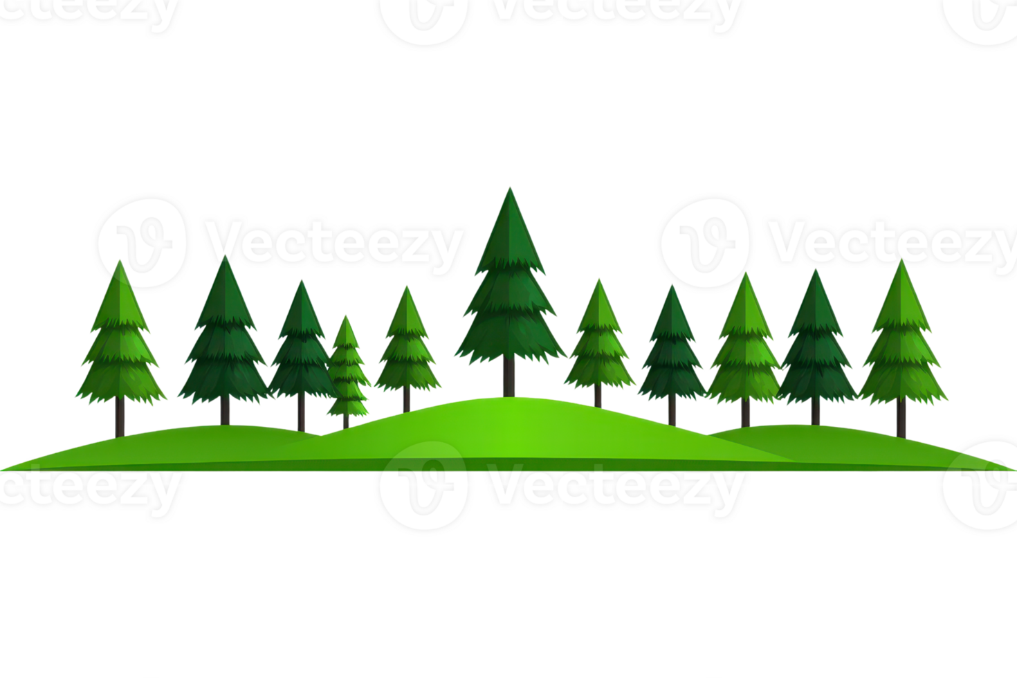 A stylized representation of a row of green trees on a grassy hill, showcasing various tree sizes and shapes. png
