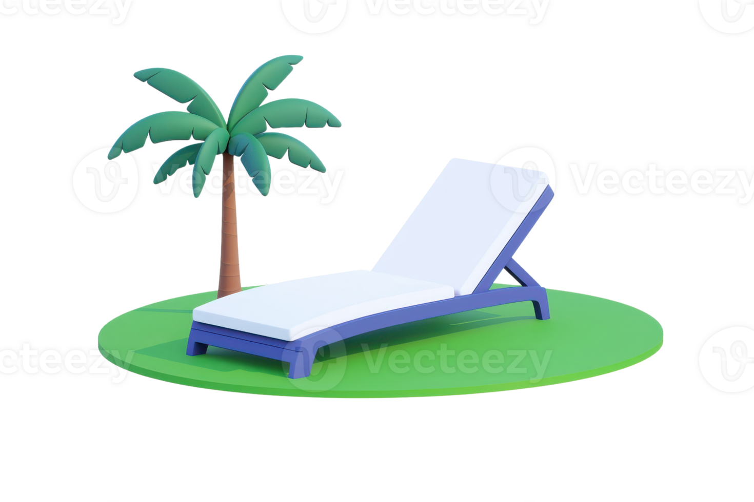 A modern lounge chair sits beside a palm tree on a green patch, evoking a tropical relaxation vibe. png