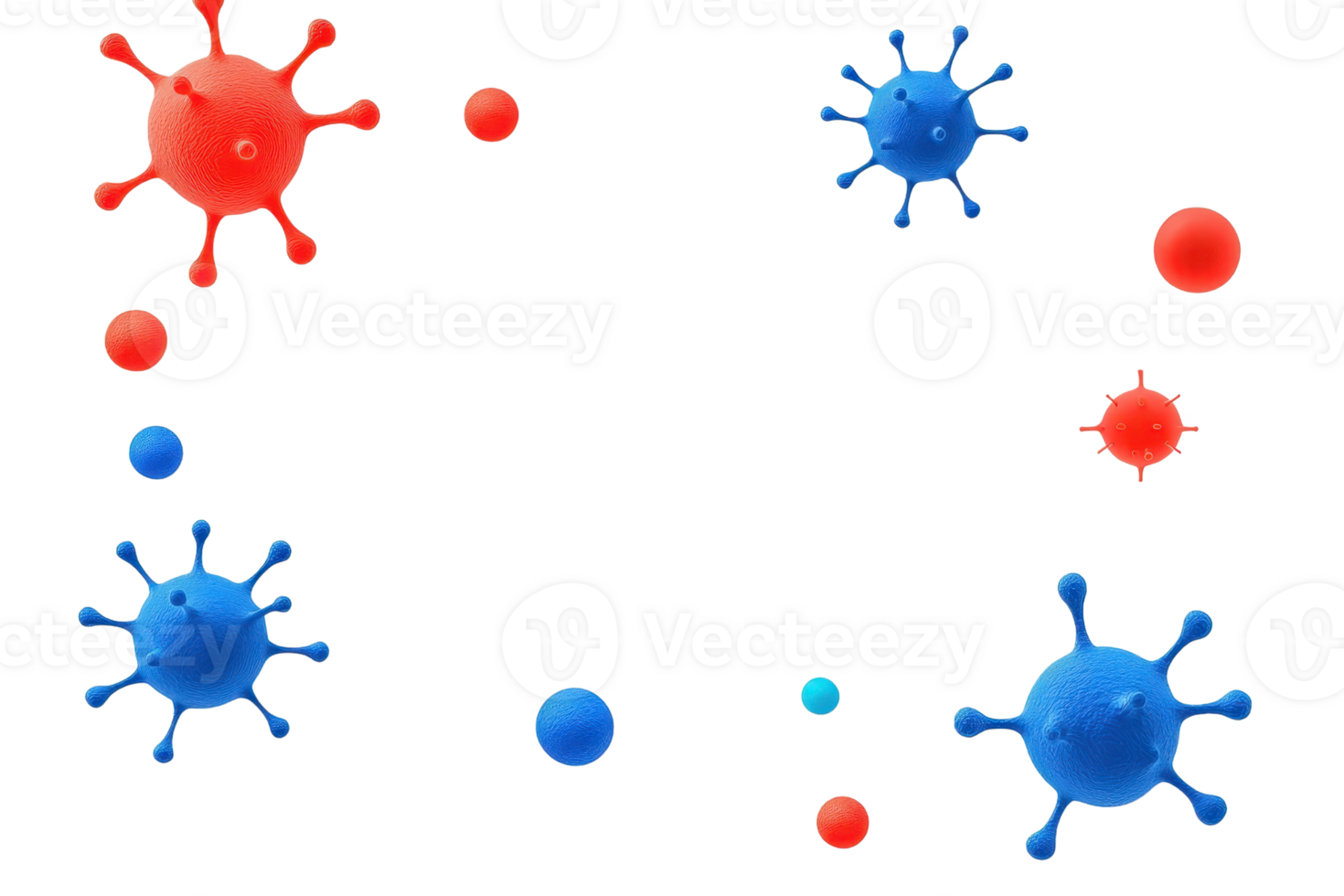 Colorful virus-like particles in red and blue exhibit various sizes and shapes, representing microbial entities. png