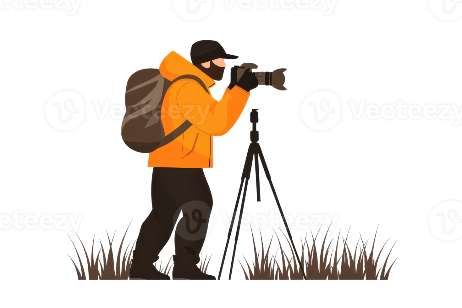 A photographer in an orange jacket captures images using a camera mounted on a tripod, surrounded by grass. png