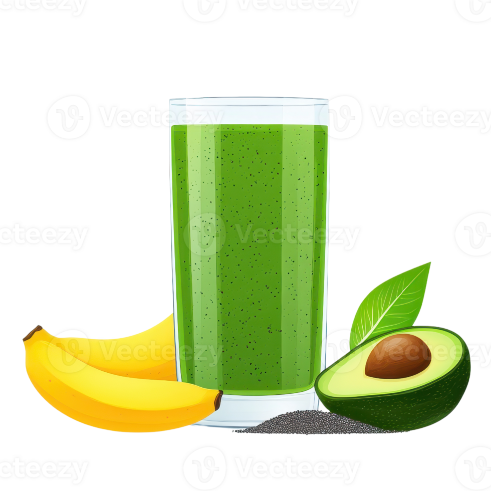A vibrant green smoothie in a glass, accompanied by bananas and an avocado, showcasing healthy ingredients. png