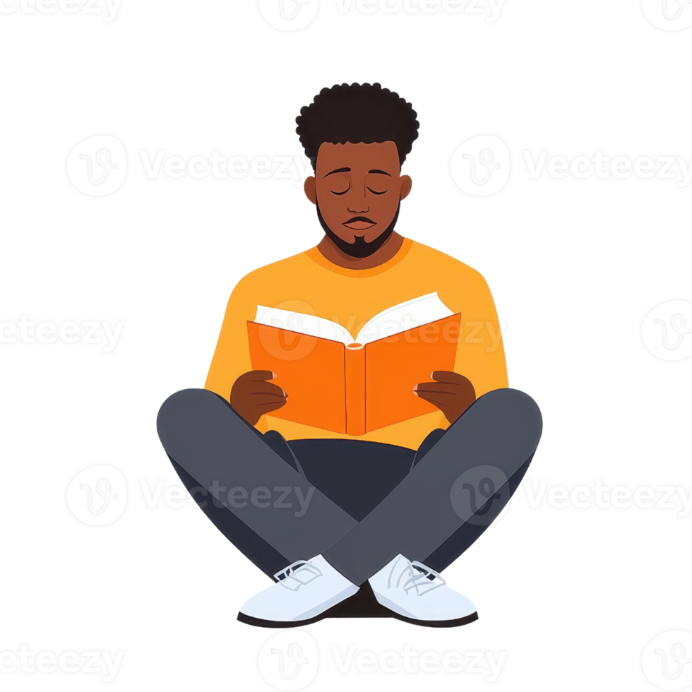 A young man sits cross-legged, engrossed in reading a book with an orange cover, wearing a yellow shirt and gray pants. png