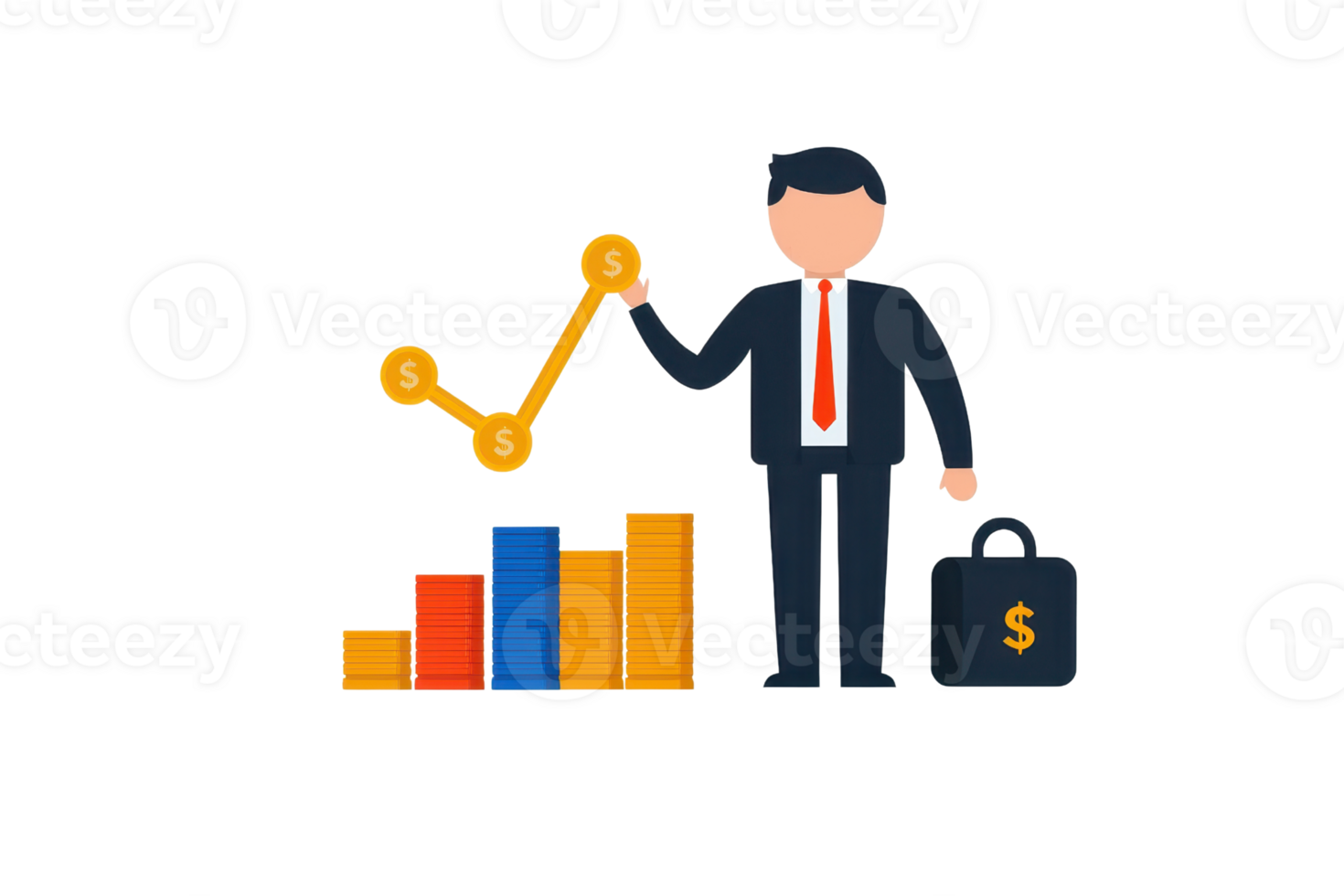 A businessman in a suit holds a rising graph, symbolizing growth and success, alongside colorful bar charts and a money bag. png