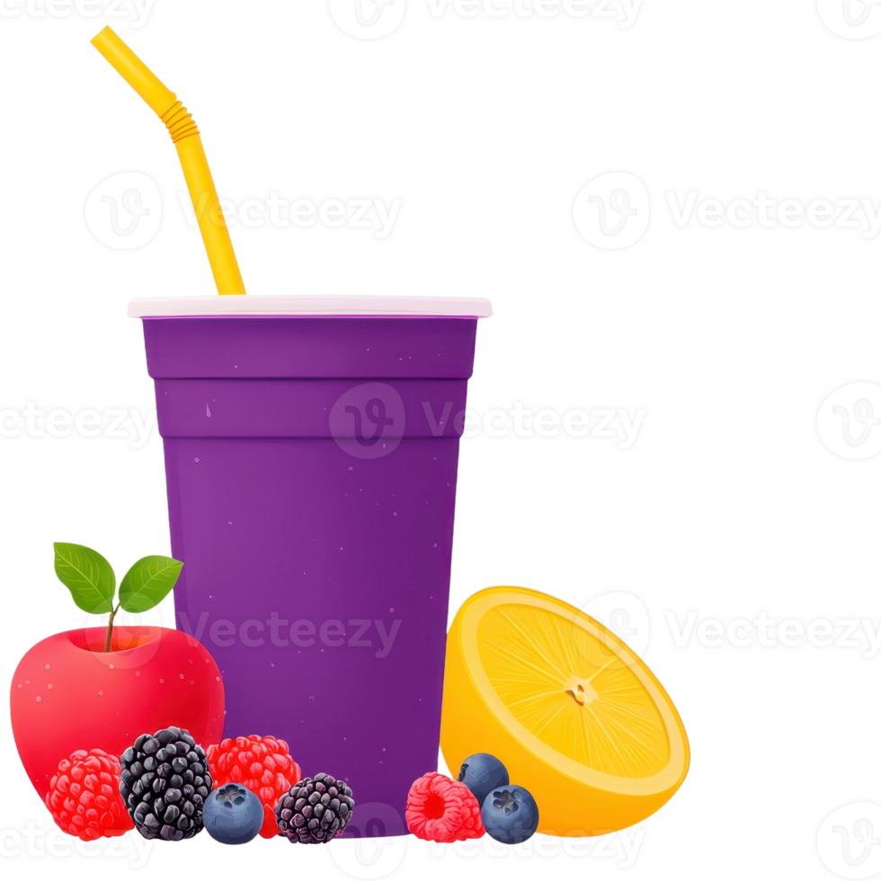 A vibrant purple cup filled with a colorful assortment of fresh fruits, including an apple, berries, and a lemon. png