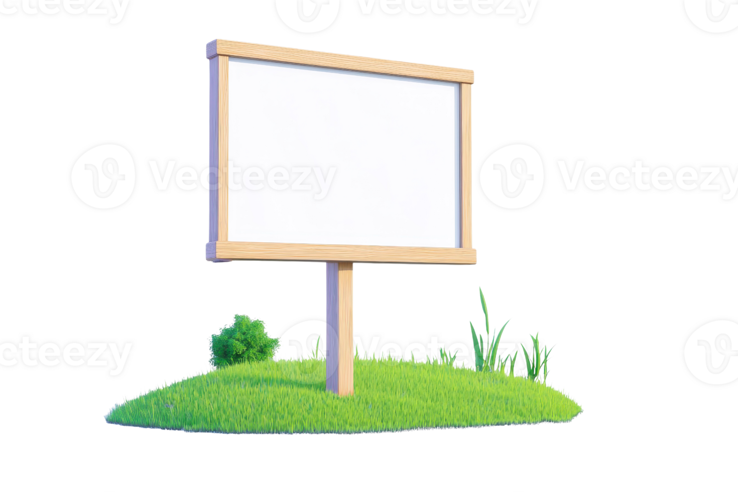 A wooden signboard stands on lush green grass, featuring a blank white space for messages or advertisements. png