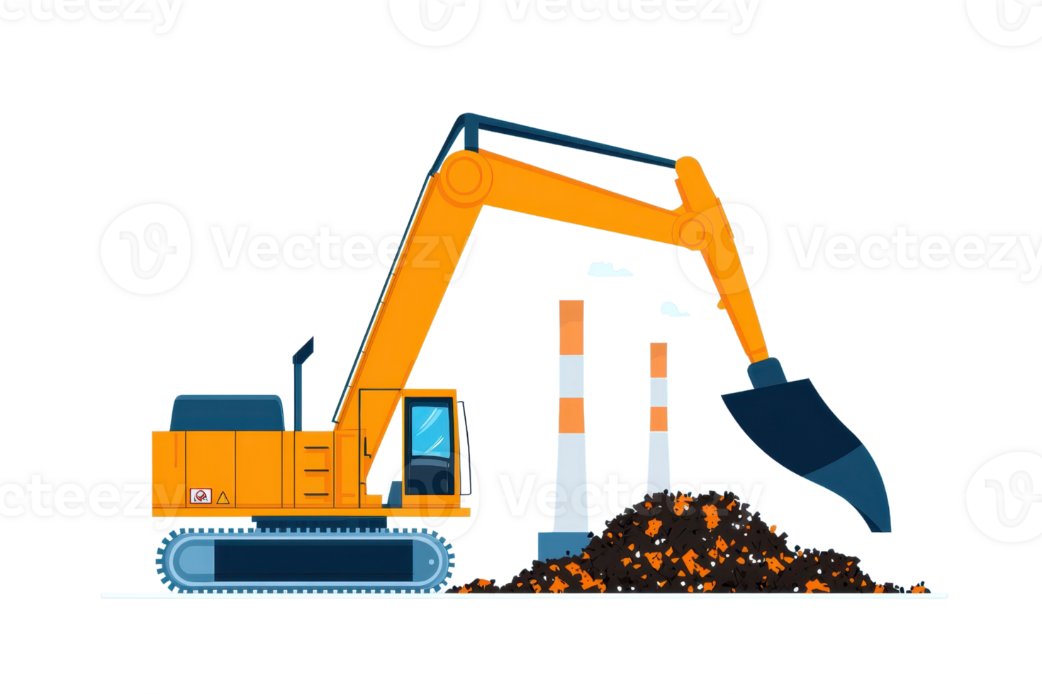 An orange excavator with a large bucket, positioned near a pile of dirt and construction site elements. png