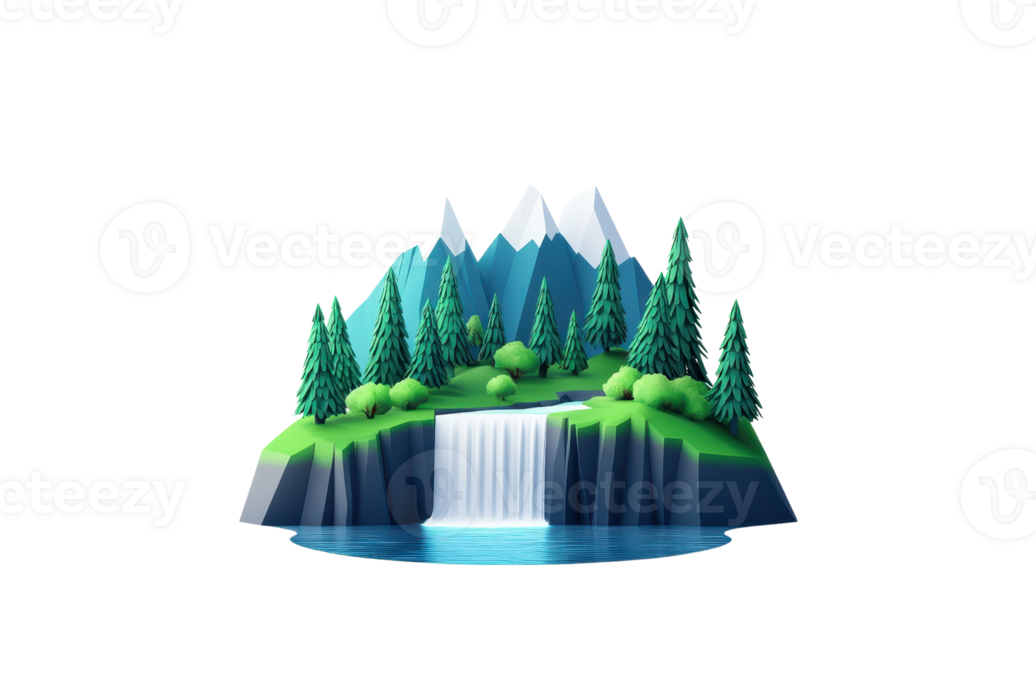 A vibrant, stylized landscape featuring mountains, lush trees, and a cascading waterfall flowing into a serene body of water. png