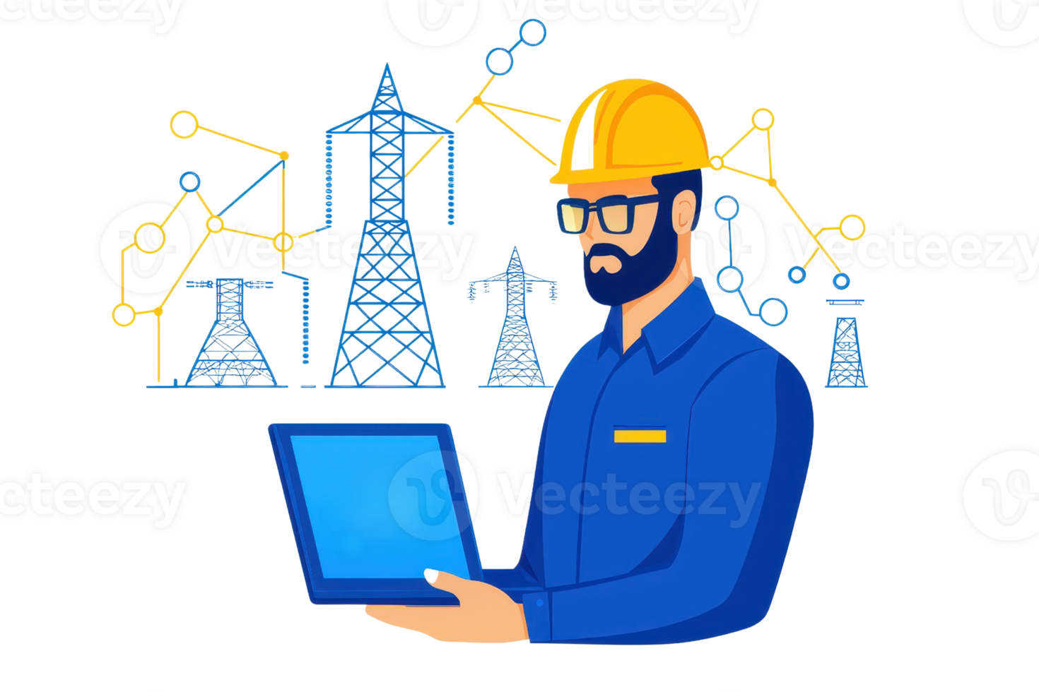 A man in a hard hat analyzes data on a tablet, surrounded by illustrations of power towers and energy graphs. png