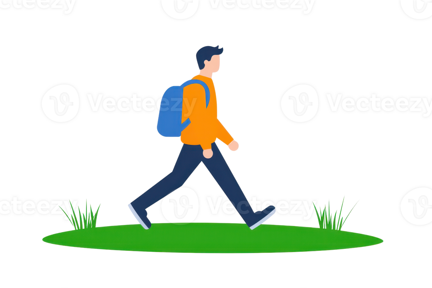 A young man walks confidently with a backpack, dressed in an orange hoodie and blue jeans. png