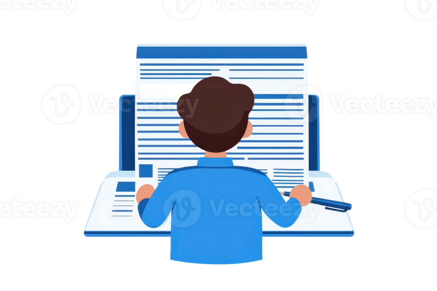 A person sitting at a desk, reviewing documents on a laptop, with a pen in hand, focused on the task at hand. png
