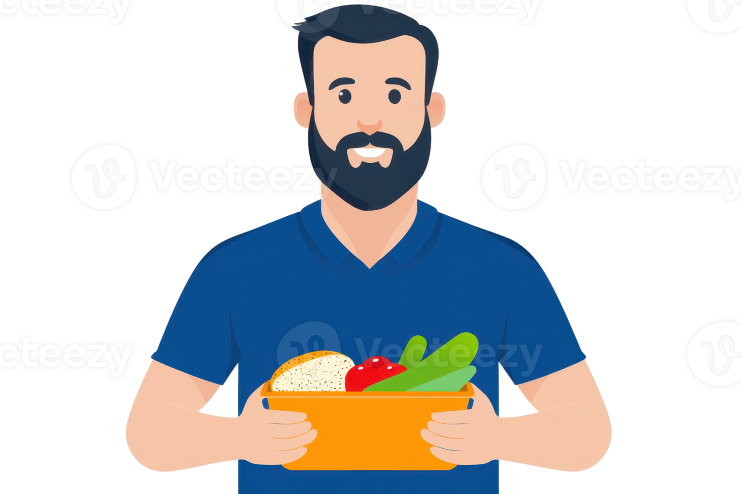 A man with a beard holds a box filled with various fresh vegetables and bread, showcasing a healthy lifestyle. png