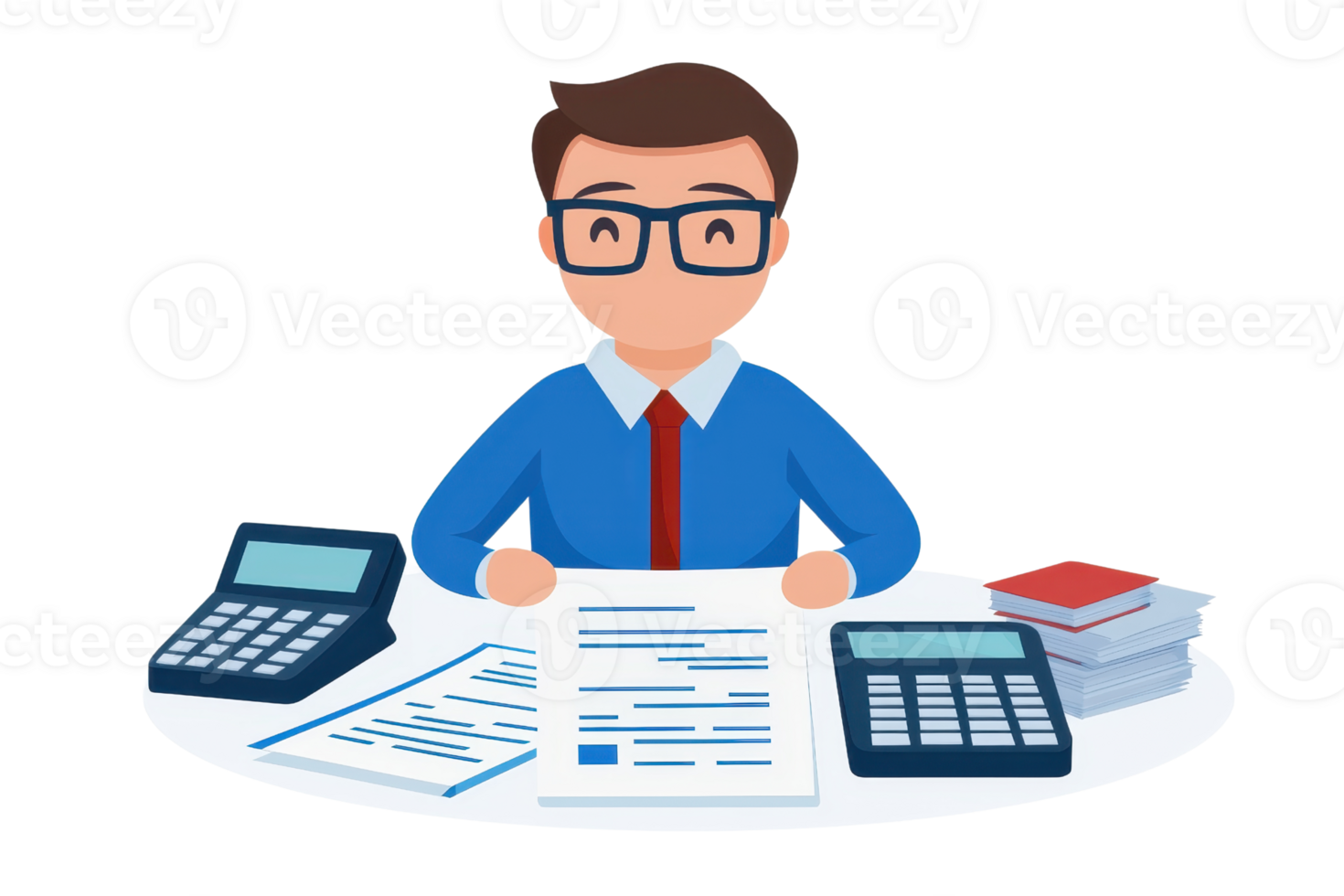 A cartoonish man in glasses sits at a desk surrounded by documents and calculators, symbolizing finance and accounting. png