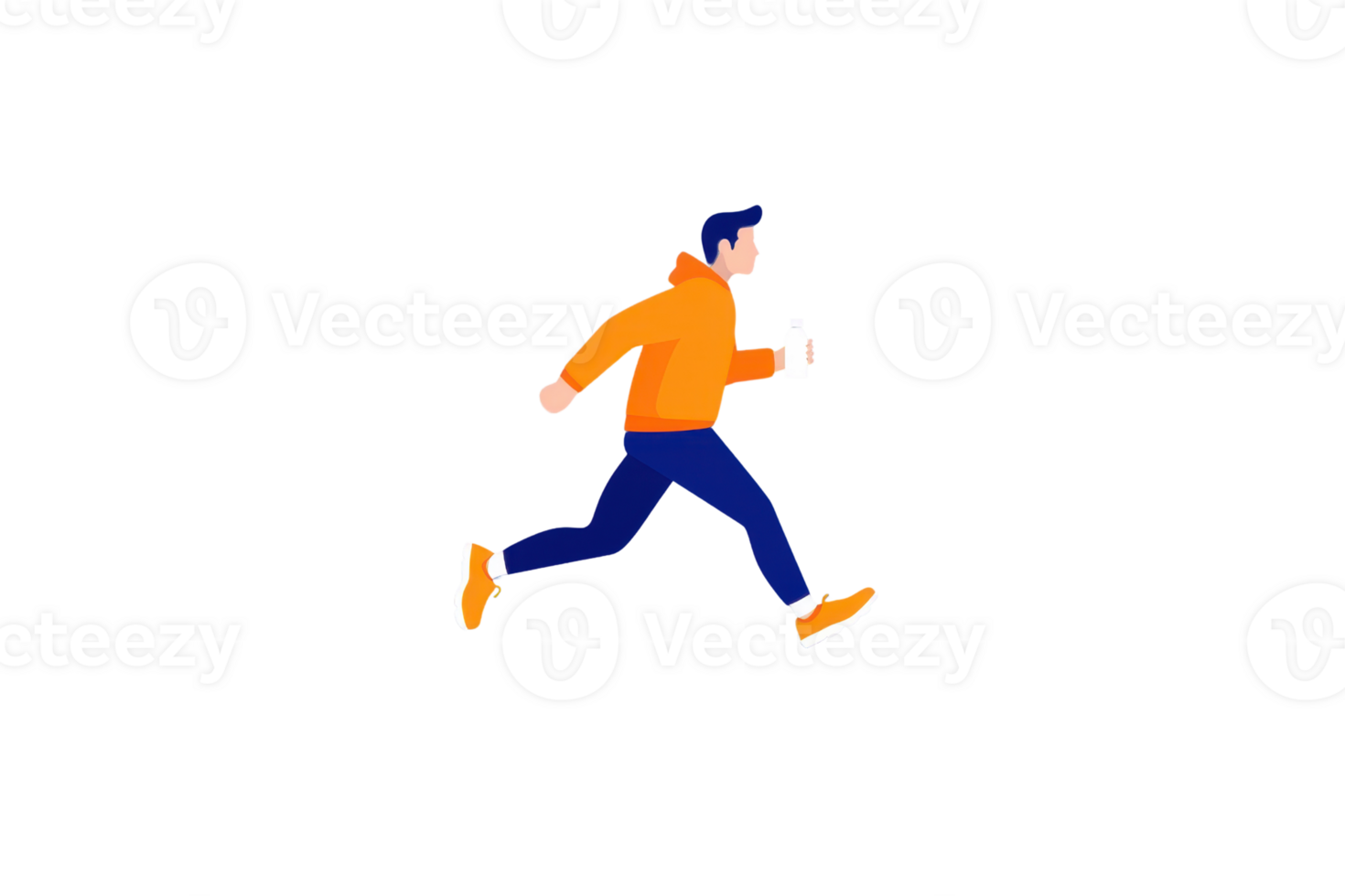 A person in an orange hoodie runs energetically while holding a water bottle, showcasing an active lifestyle. png