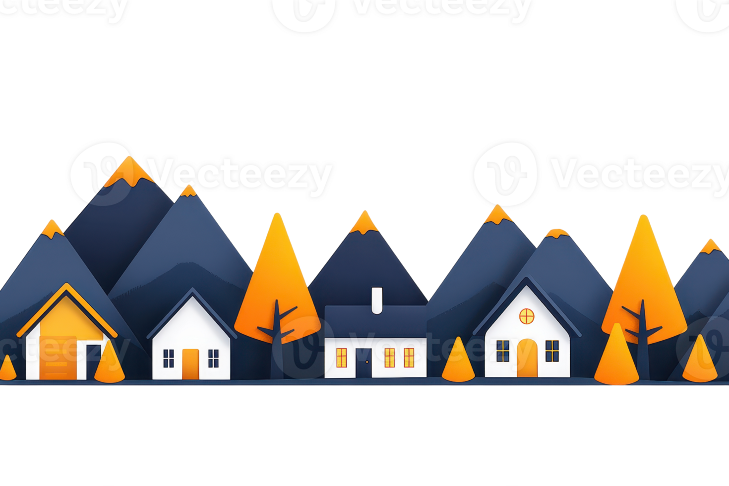 A colorful illustration of houses nestled among stylized mountains and trees, featuring vibrant orange and blue tones. png