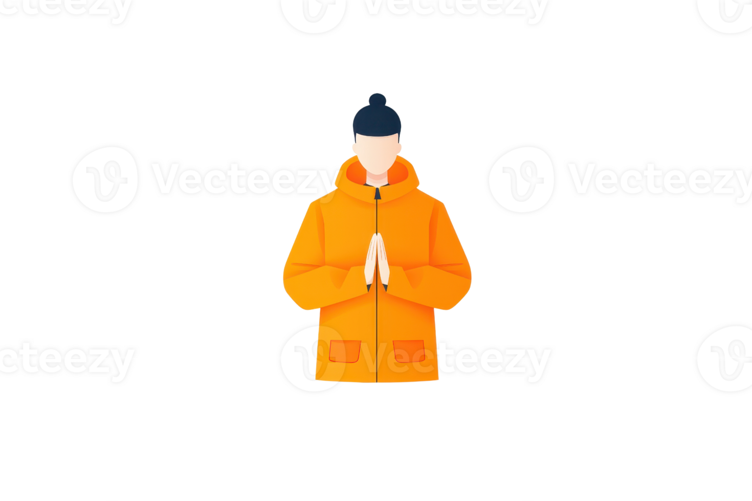 A person in an orange jacket stands with hands together in a gesture of greeting or respect. png