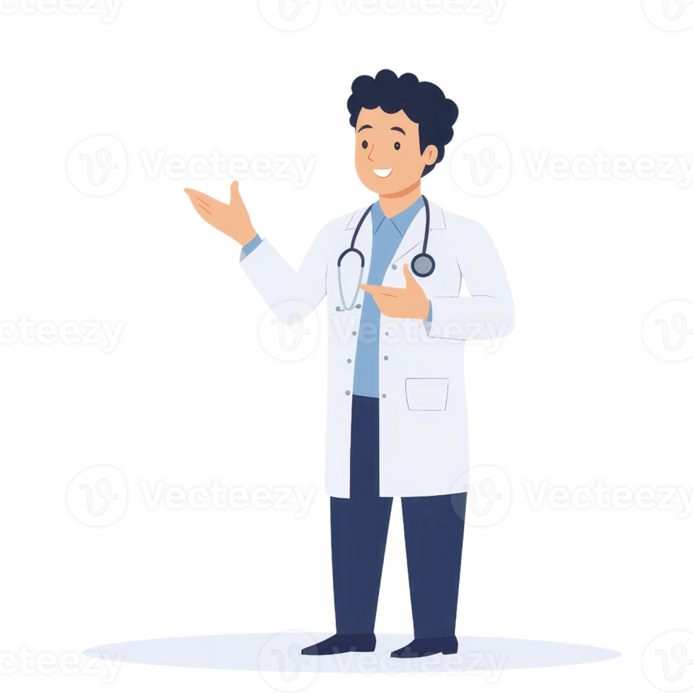 A cheerful male doctor in a white coat with a stethoscope, gesturing as if explaining something to a patient. png