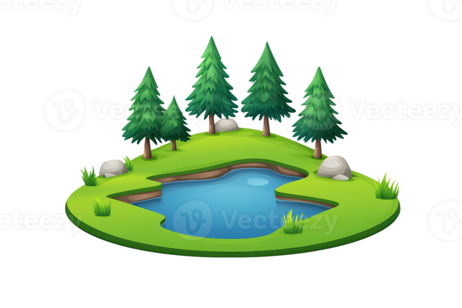 A serene island scene featuring a tranquil pond surrounded by lush green grass, rocks, and tall pine trees. png