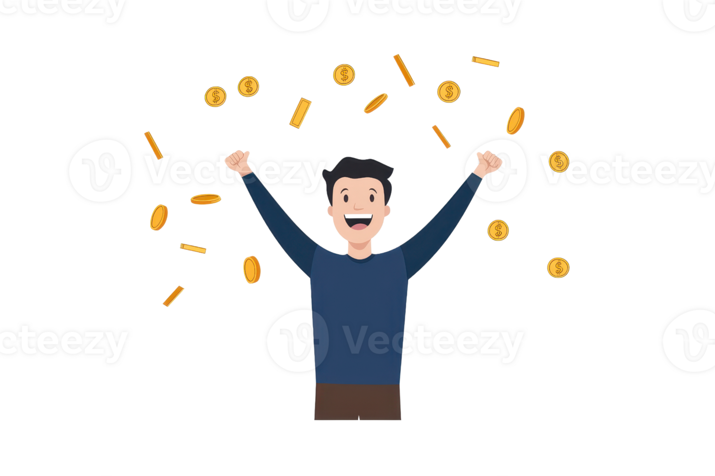 A joyful person is celebrating with raised arms, surrounded by falling coins, expressing excitement and happiness. png