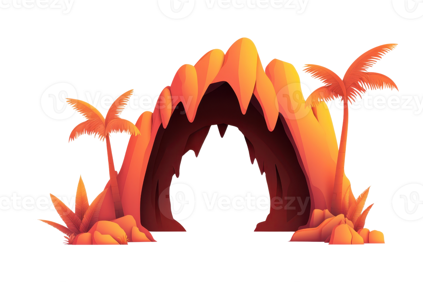 A vibrant, stylized cave entrance surrounded by palm trees, featuring bold colors and a dramatic, jagged design. png