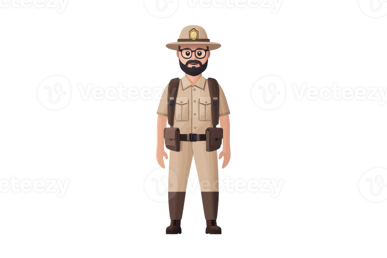 A cartoon ranger character wearing a khaki uniform, hat, and glasses, equipped with utility belts. png
