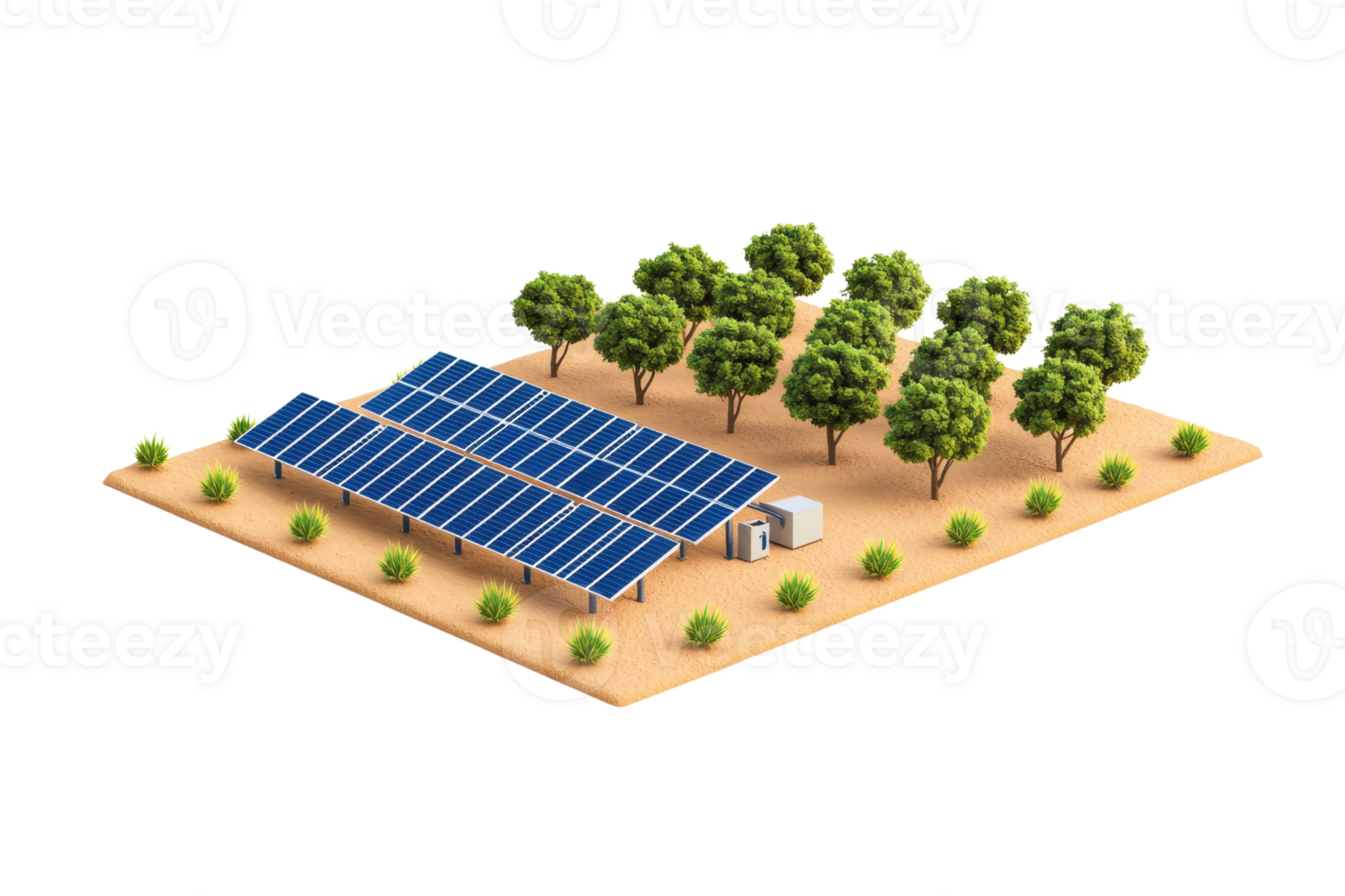 A solar panel installation surrounded by trees, set in a desert-like environment, showcasing renewable energy technology. png