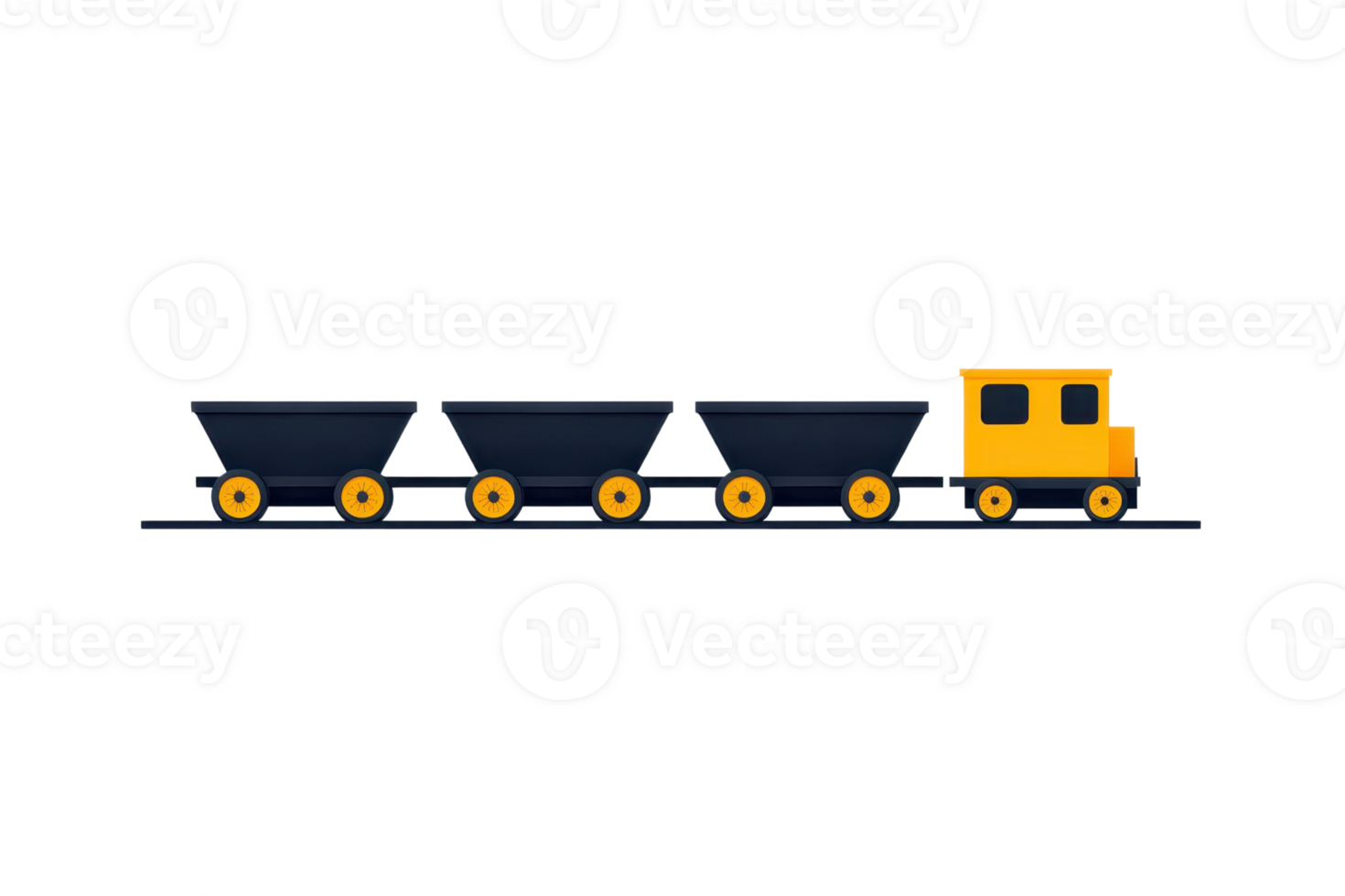 A stylized illustration of a yellow mining train with four coal cars, conveying a sense of mining and transportation. png