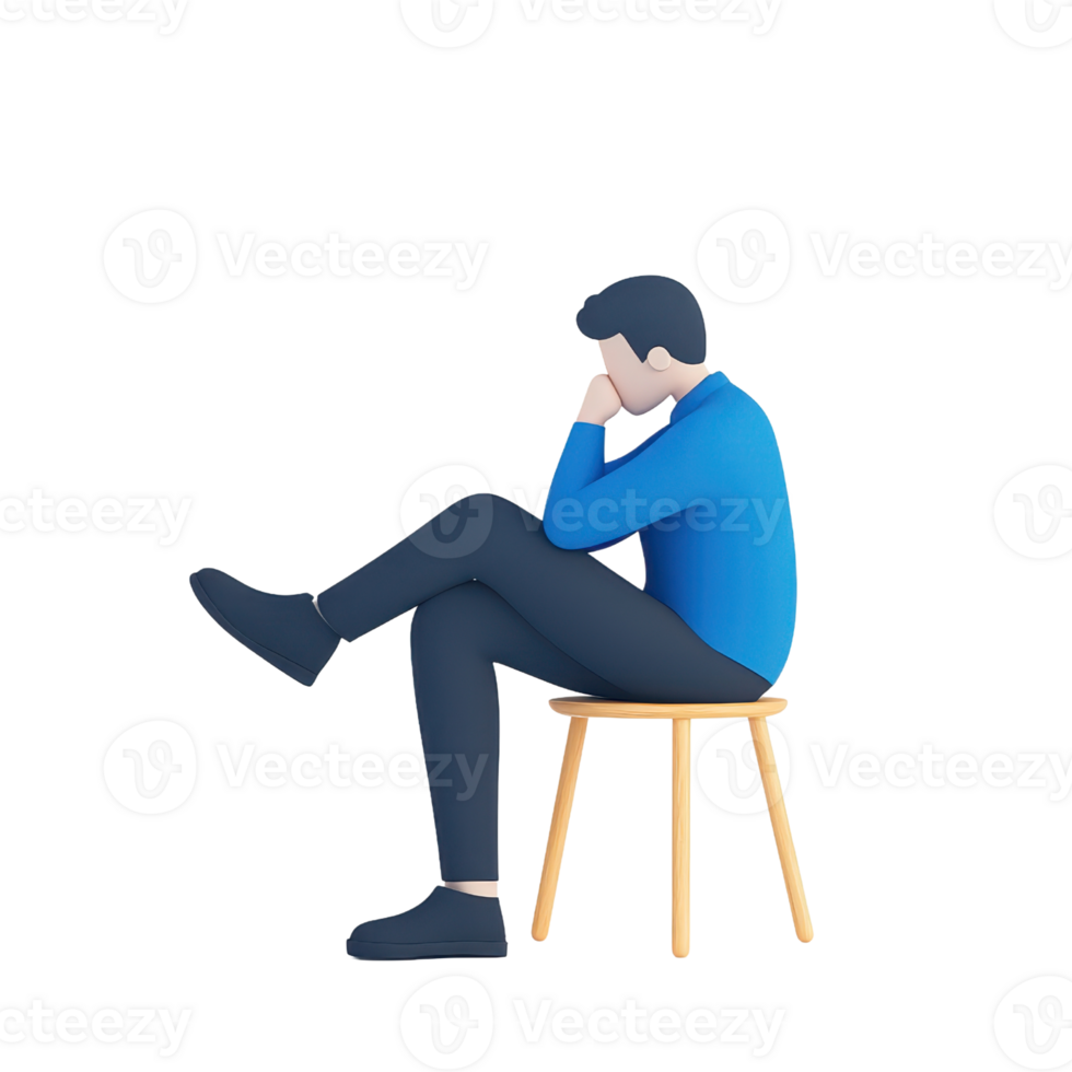 A seated male figure in a blue sweater resting his chin on his hand, conveying a thoughtful or contemplative mood. png