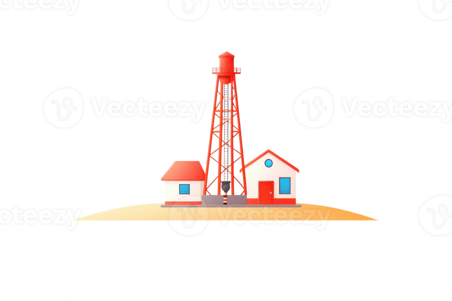 A red water tower next to two small houses, set on a simple landscape. png