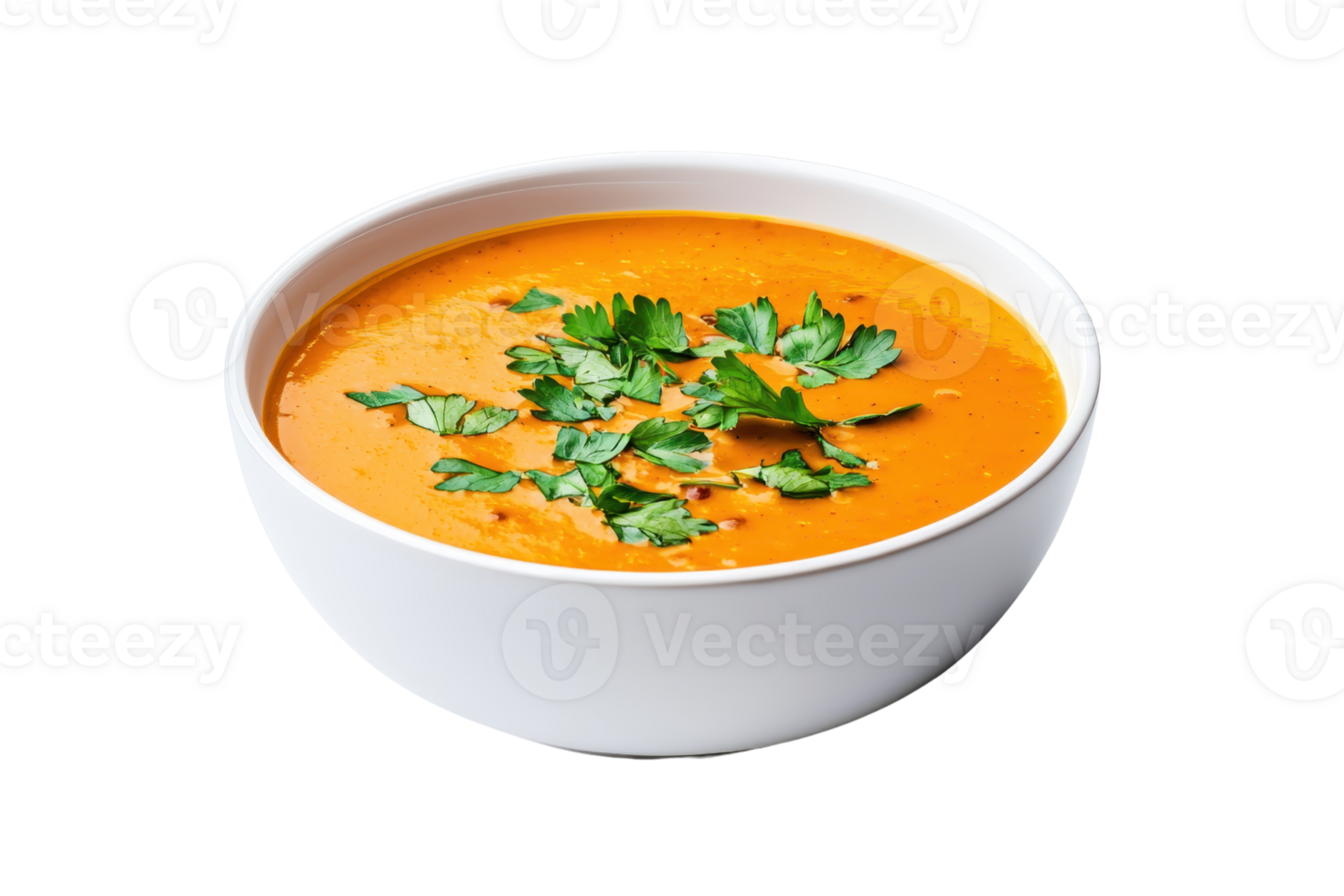 Creamy orange soup garnished with fresh cilantro in a white bowl. png