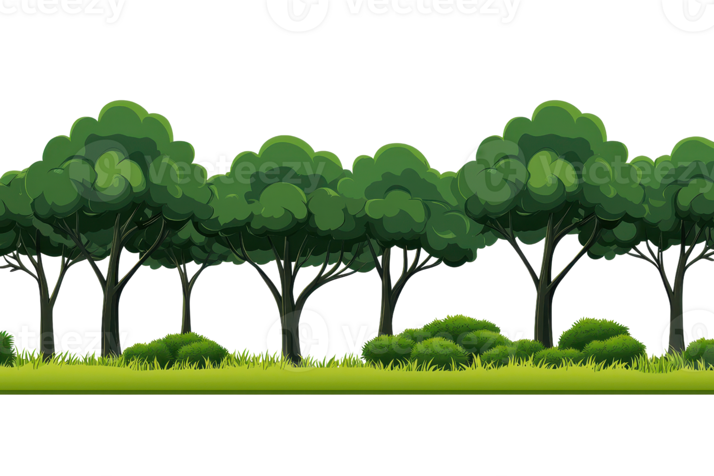 Lush green trees line the scene, with dense foliage and varying heights, complemented by grassy patches. png