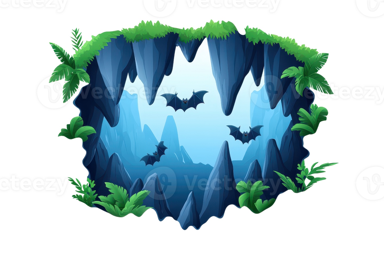 A cave entrance surrounded by lush greenery, featuring bats flying in a mysterious, blue-toned environment. png