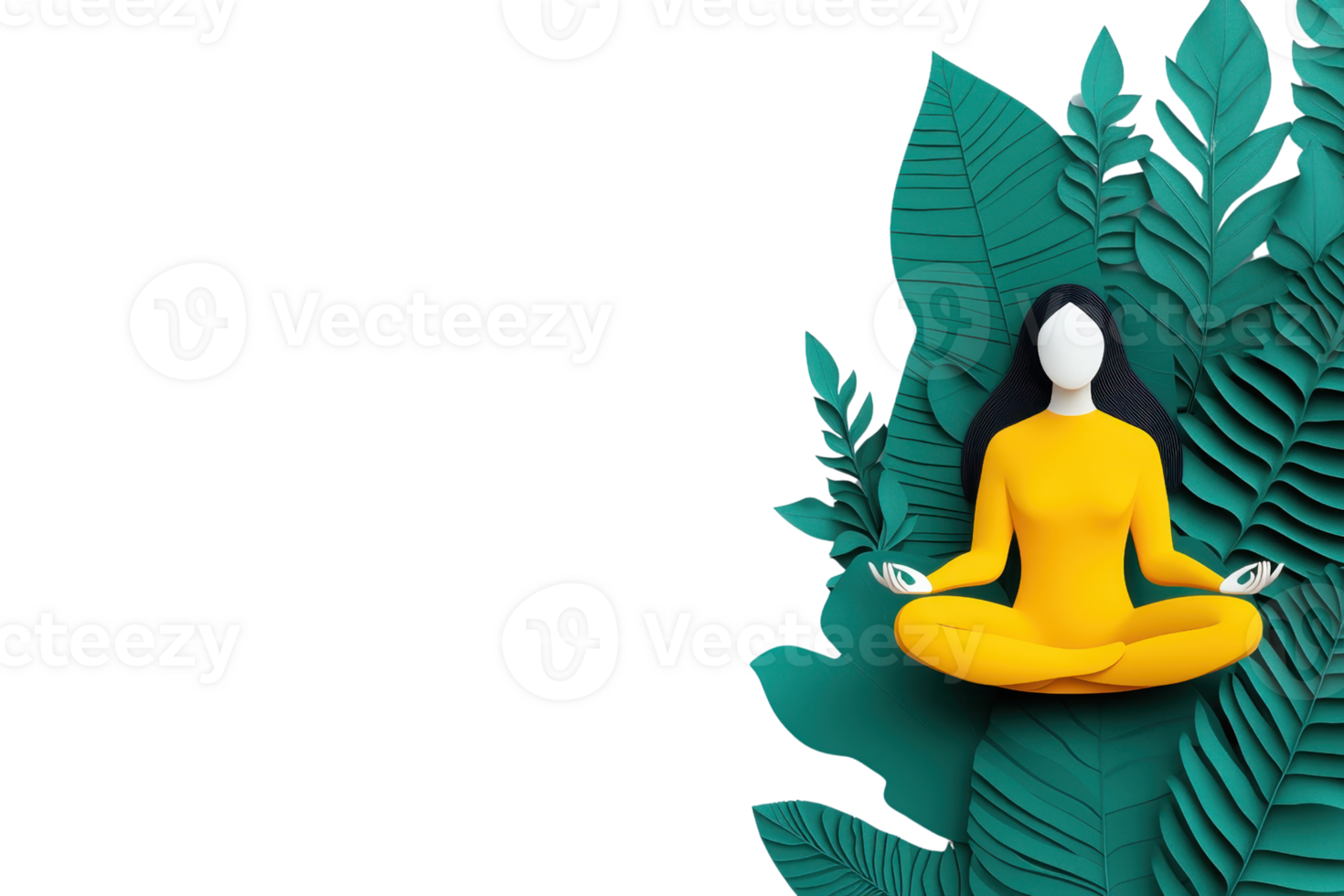 A meditative figure in yellow sits cross legged against a backdrop of vibrant green leaves, embodying tranquility and mindfulness. png
