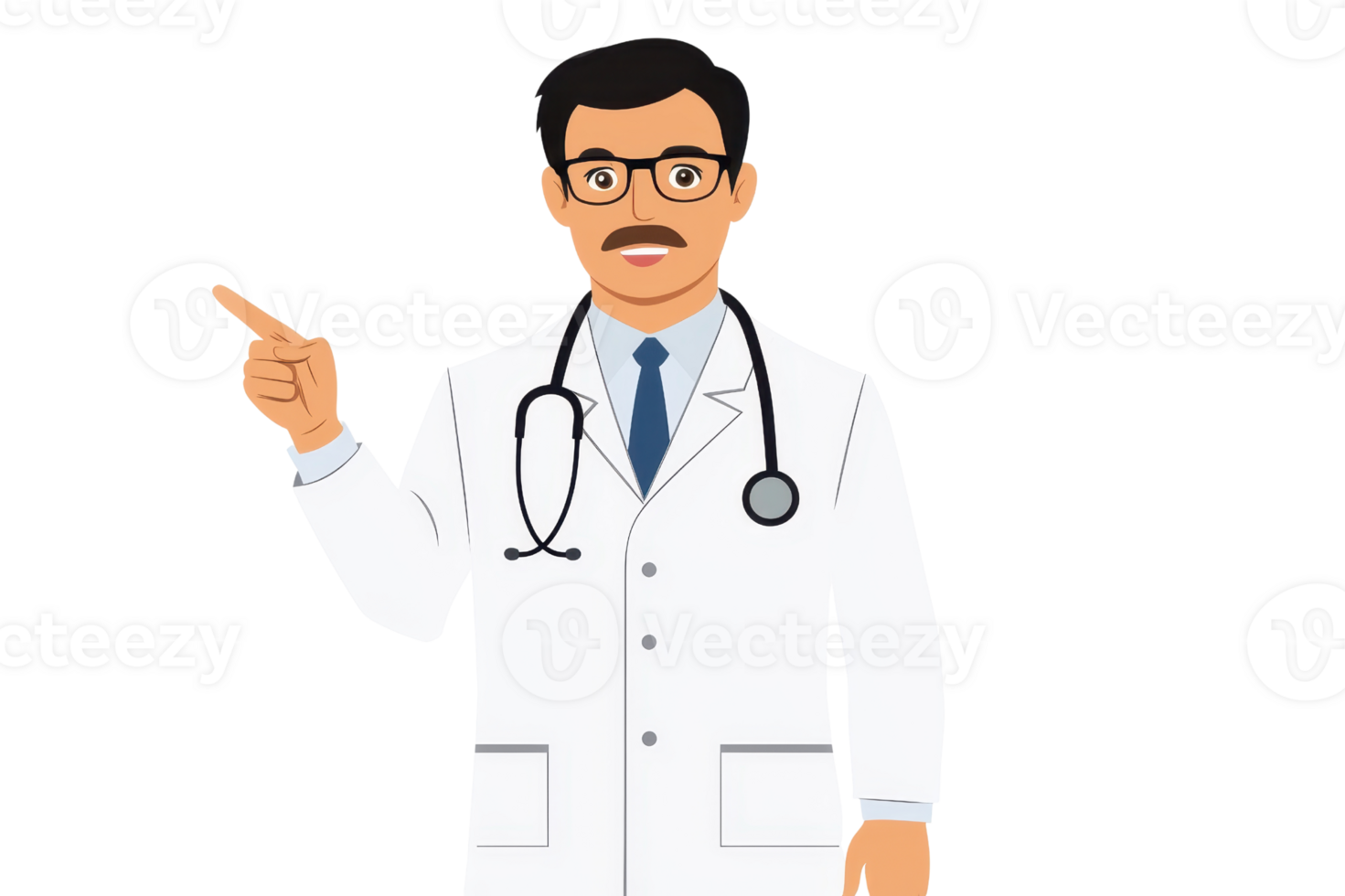 A doctor in a white coat points confidently, wearing glasses and a stethoscope, embodying professionalism and care. png