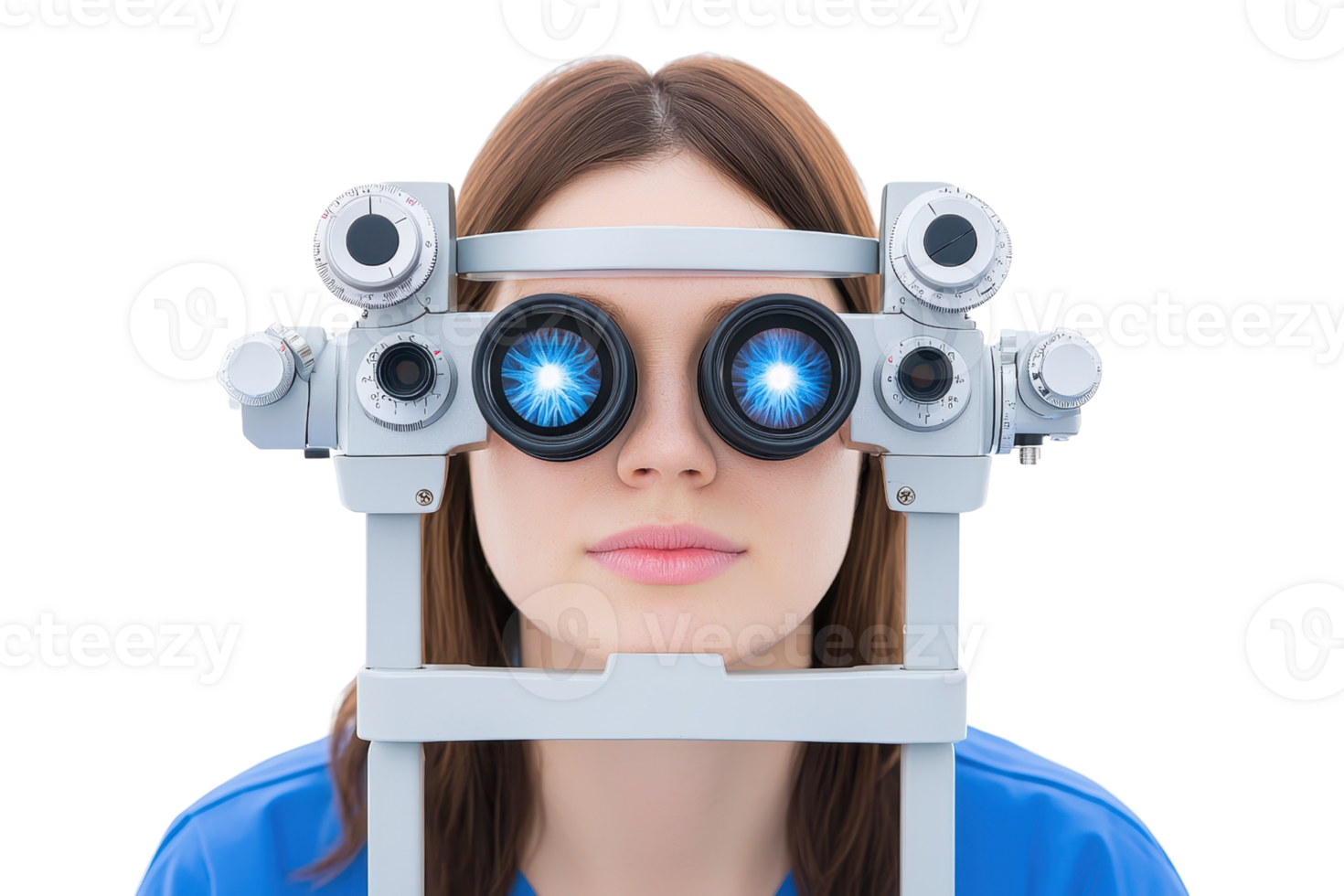 A woman is using a phoropter, an eye examination device, to assess her vision with bright lenses visible. png