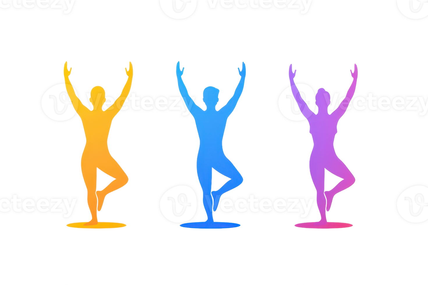 A vibrant display of three stylized silhouettes in different colors, each striking a dynamic pose, emphasizing movement and balance. png