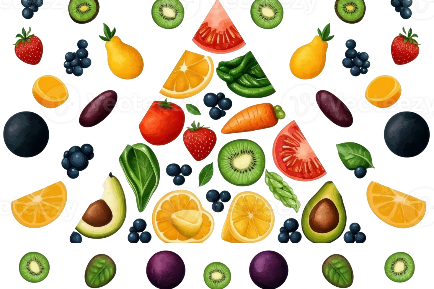 A vibrant assortment of various fruits and vegetables arranged artistically, showcasing their colors and textures. png