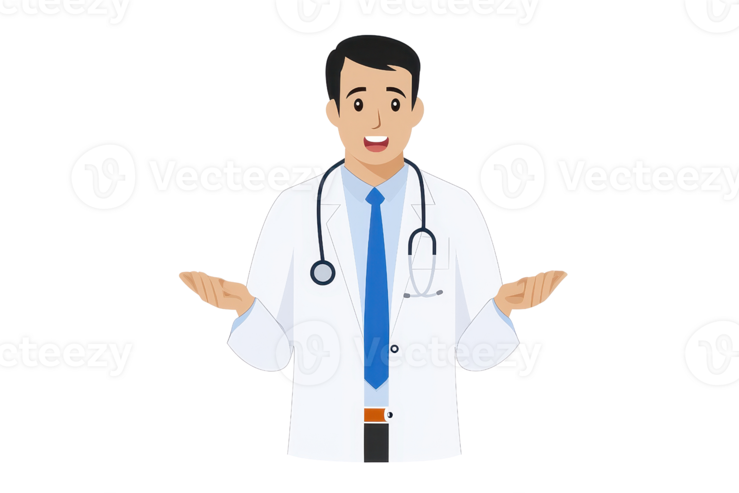 A smiling doctor in a white coat with a stethoscope, gesturing with open hands, conveying friendliness and approachability. png