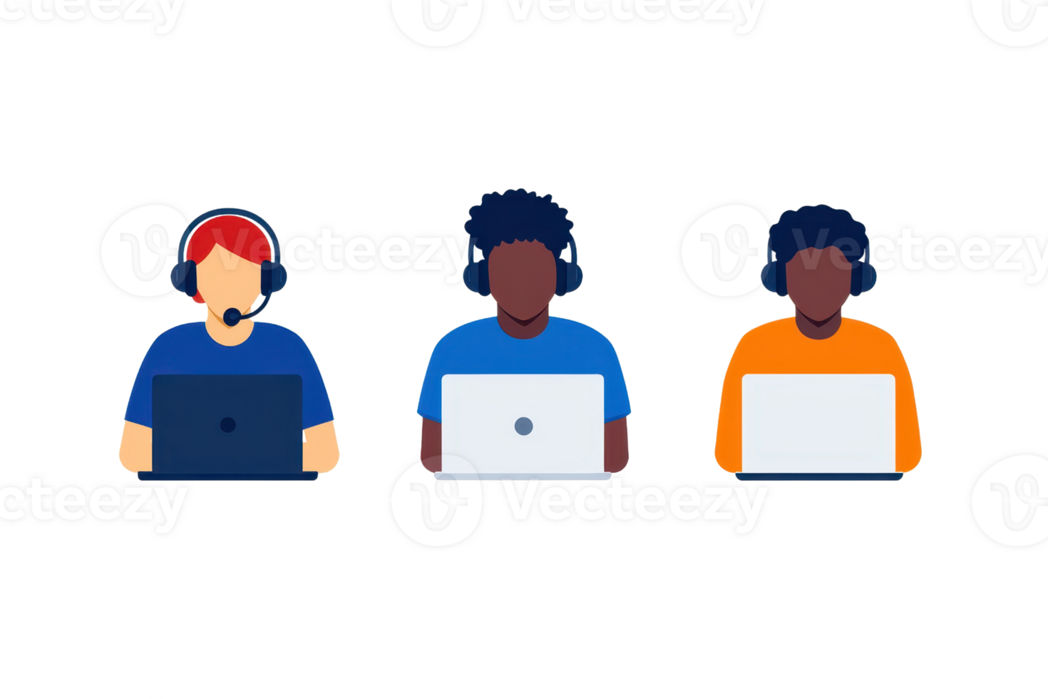 Three individuals wearing headsets, each engaged with laptops, showcasing diverse colors and styles in their attire. png