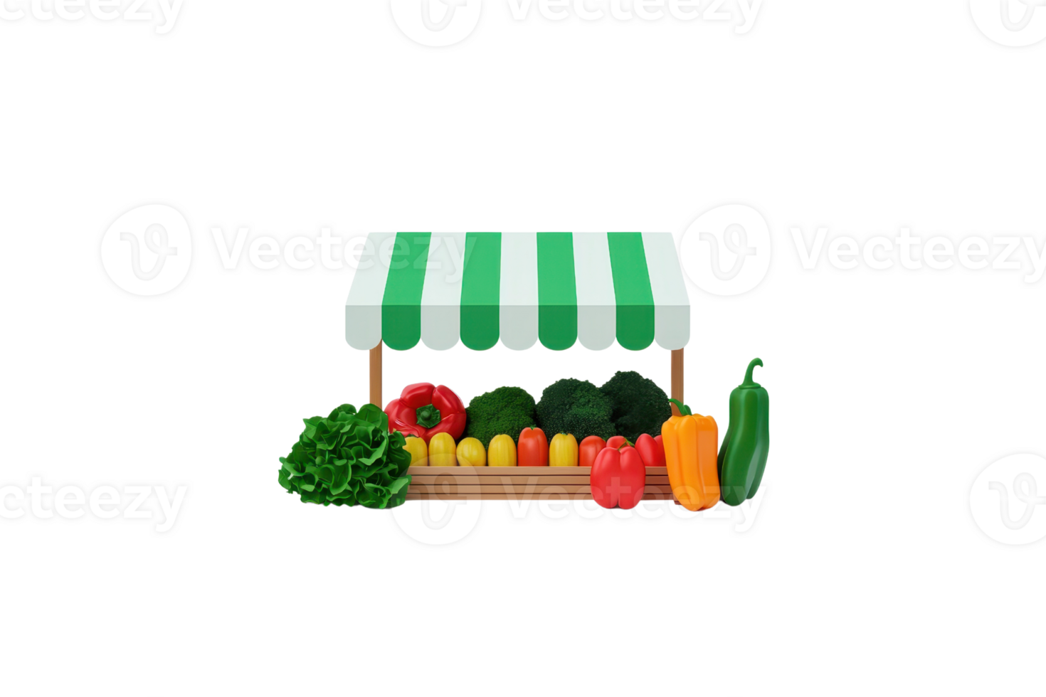 A colorful market stand displays an array of fresh vegetables, including lettuce, peppers, and tomatoes, under a striped awning. png