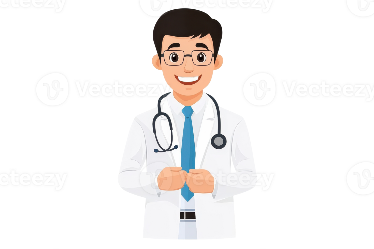 A cheerful doctor in a white coat with a stethoscope, smiling and standing with hands clasped. png